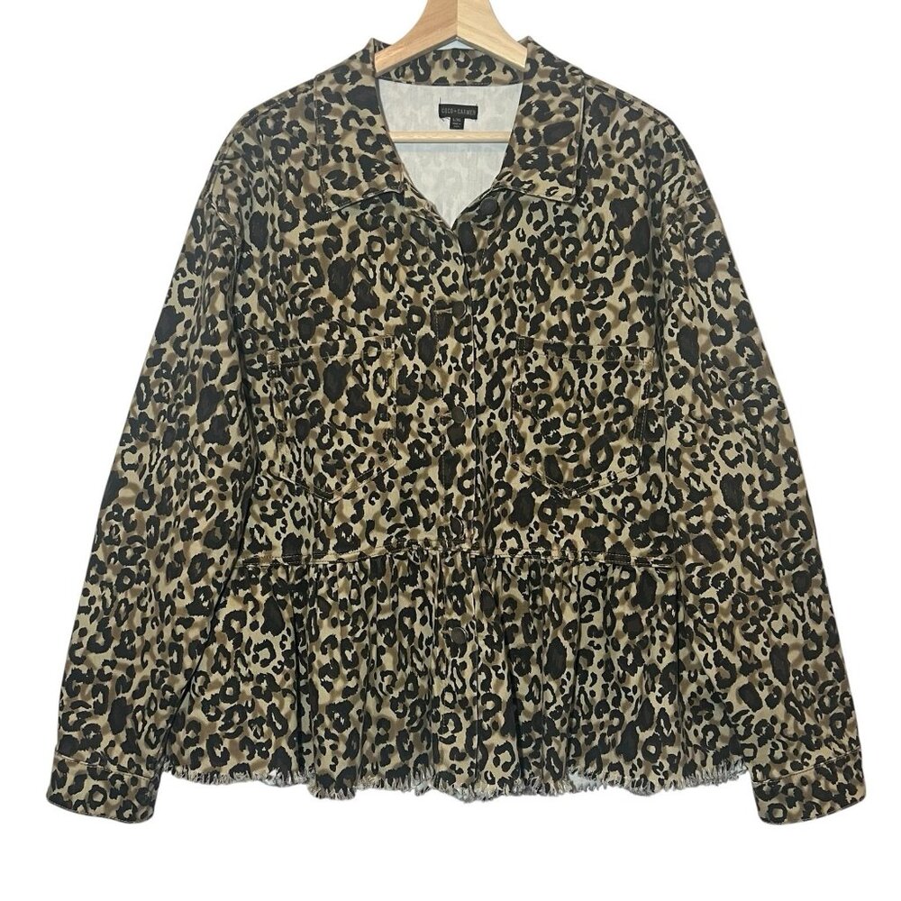 Coco + Carmen Women Jacket Large/XL Animal Print Buttons Pockets Stretch Peplum